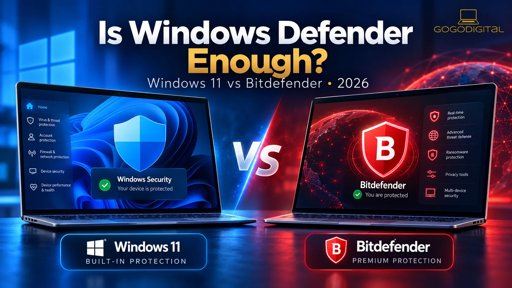 Windows 11 Security compared with Bitdefender antivirus protection, illustrated on two laptops.